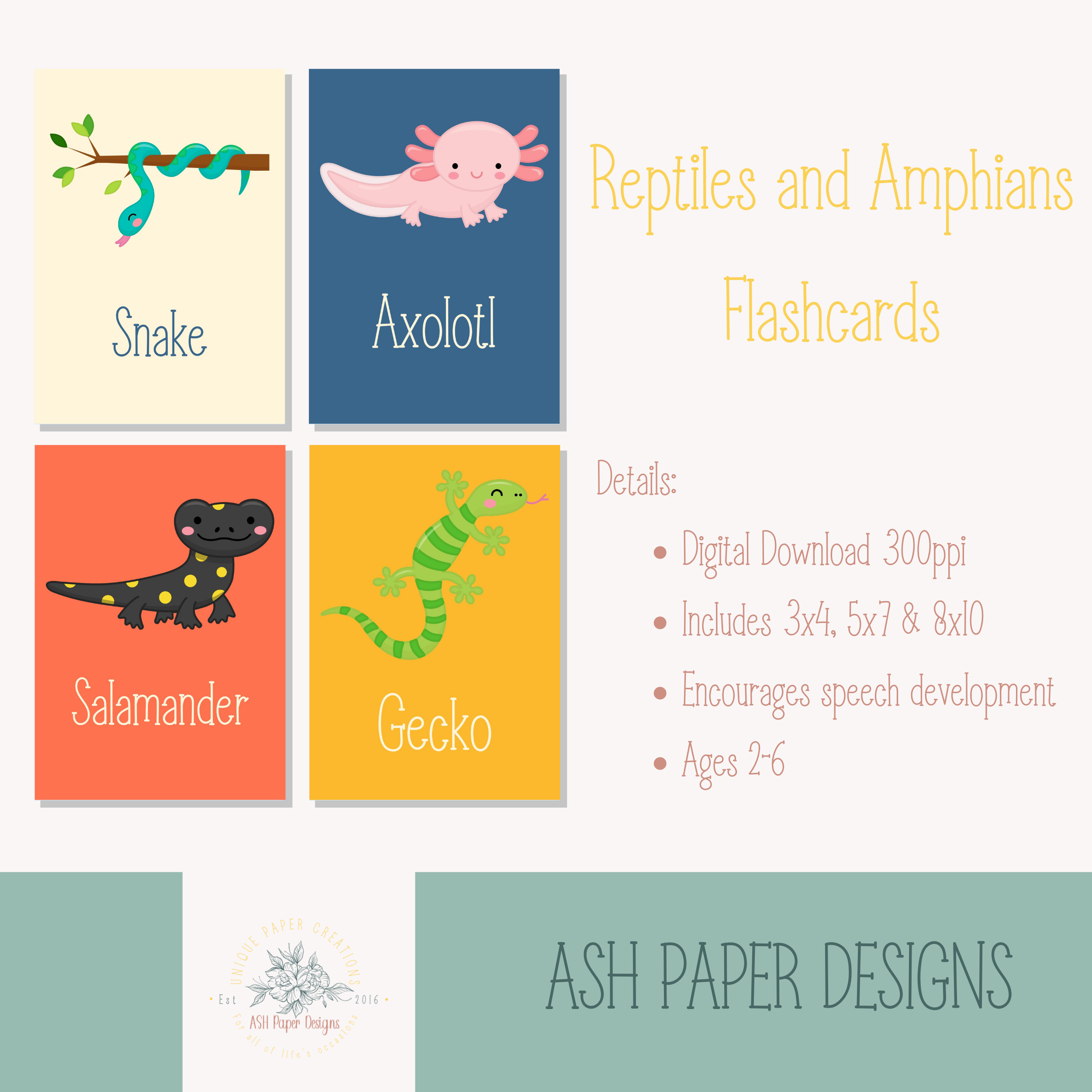 14 Reptiles And Amphibian Flash Cards. Printable Preschool Curriculum ...